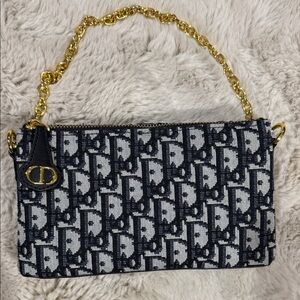 Dior Monogram Black and White Clutch with Gold Chain
